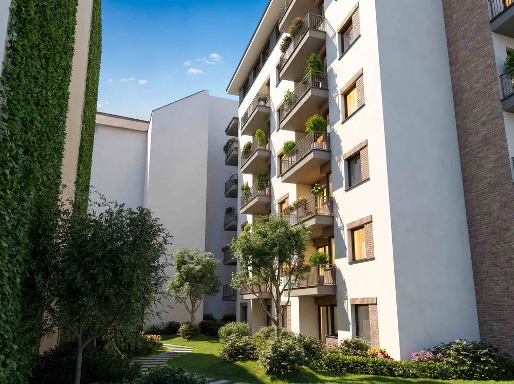 Nova City Residence — erkélyes homlokzat, kert